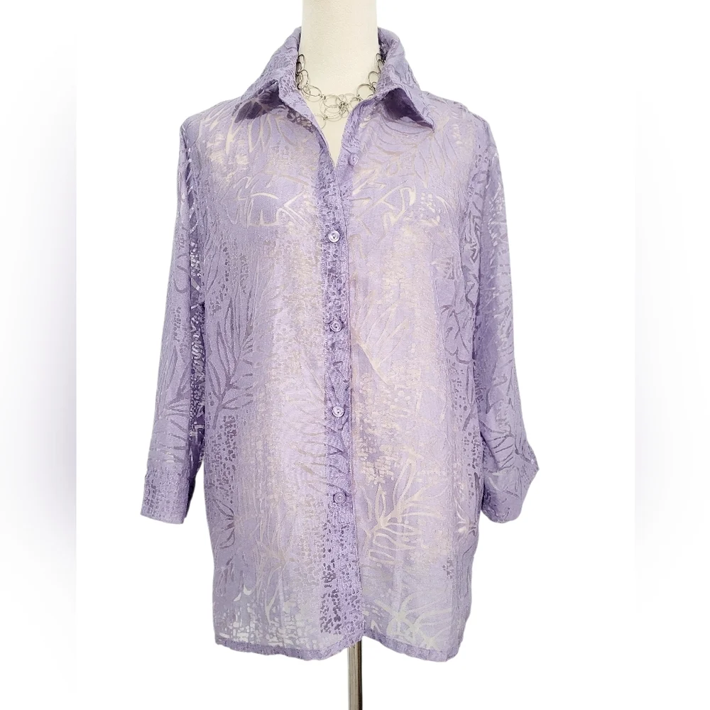 Alfred Dunner Purple Sheer Burnout Button Front Blouse Women’s Size 14 Floral - Picture 2 of 11